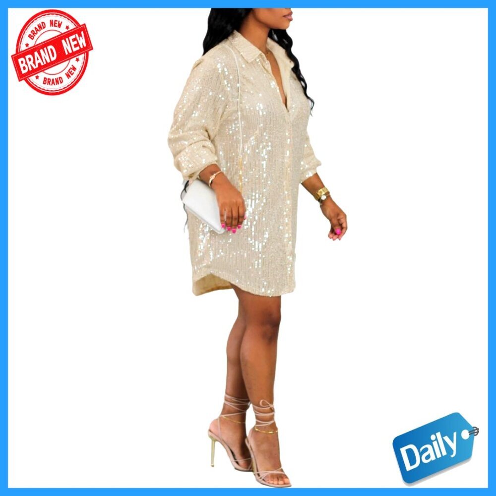 Sequin Shirt Dress Long Sleeve Button Down Flowy Tunic Y2K Party Wear